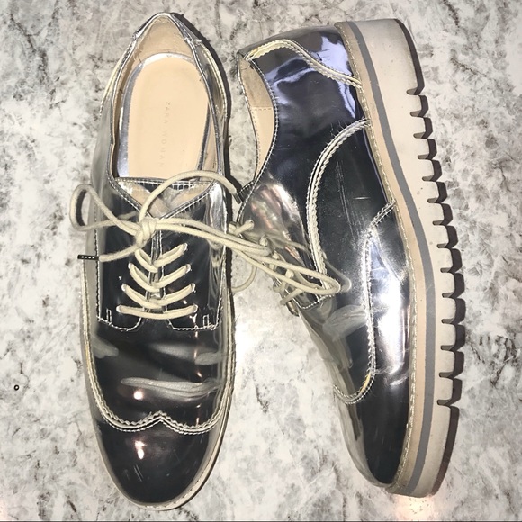 Zara Shoes - ZARA | Silver Wingtip Platform Lace Up Loafers 8